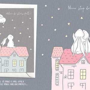 K&ouml;nnte beinhalten: Zwei wei&szlig;e Kaninchen auf dem Dach eines rosa Hauses mit einem sternenklaren Nachthimmel. Der Text "Where do stars fall?" steht &uuml;ber den Kaninchen. Der Text "Never stop dreaming..." steht &uuml;ber den Kaninchen im anderen Bild. Der Text "Their dream was to have a small family with sweet little things and live happily..." steht unter den Kaninchen.