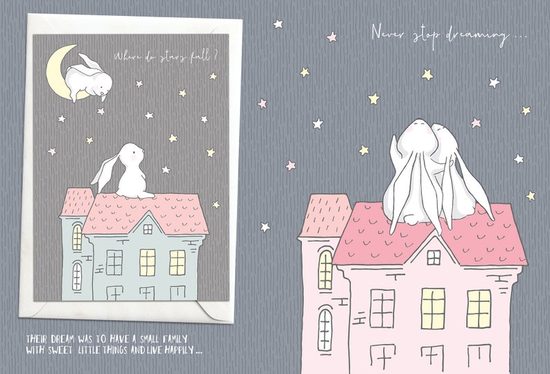 K&ouml;nnte beinhalten: Zwei wei&szlig;e Kaninchen auf dem Dach eines rosa Hauses mit einem sternenklaren Nachthimmel. Der Text "Where do stars fall?" steht &uuml;ber den Kaninchen. Der Text "Never stop dreaming..." steht &uuml;ber den Kaninchen im anderen Bild. Der Text "Their dream was to have a small family with sweet little things and live happily..." steht unter den Kaninchen.