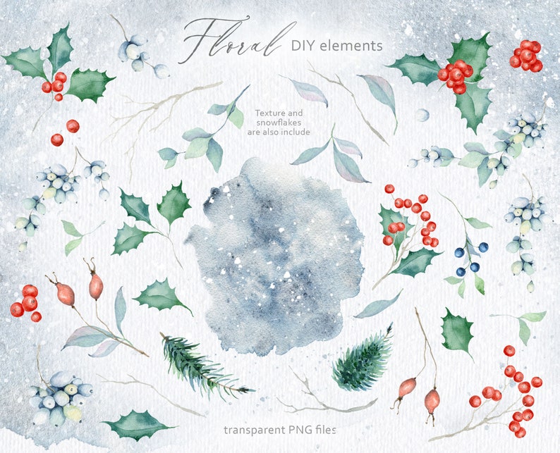 Op de afbeelding: Waterverf illustraties van winterse bloemelementen, waaronder hulst, bessen en takjes. De illustraties zijn op een blauwe en witte textuur achtergrond met de tekst "Floral DIY elements" en "transparent PNG files".