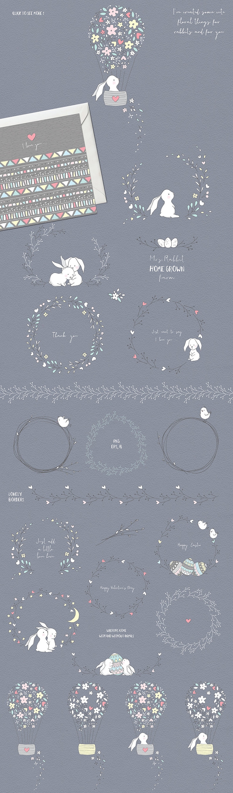 K&ouml;nnte beinhalten: Ein Satz digitaler Illustrationen mit Hasen, Kr&auml;nzen und Hei&szlig;luftballons. Die Illustrationen sind im handgezeichneten Stil gehalten und haben eine Pastellfarbpalette. Der Text "Mrs. Rabbit Home Grown Farm" ist im Bild enthalten.
