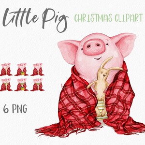 Acuarela Cerdo en Manta Roja Clipart. Clipart navideño. Ilustración de Baby Piglet. Lindo cerdito Clipart. Acuarela Animal. Digital PNG