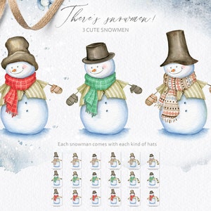 Op de afbeelding: Drie aquarel illustraties van sneeuwpoppen met verschillende hoeden en sjaals. Elke sneeuwpop heeft een andere hoed en sjaal, en elke hoed en sjaal is verkrijgbaar in drie verschillende kleuren. De tekst "There's snowmen! 3 CUTE SNOWMEN" staat bovenaan de afbeelding. De tekst "Each snowman comes with each kind of hats" staat onderaan de afbeelding.