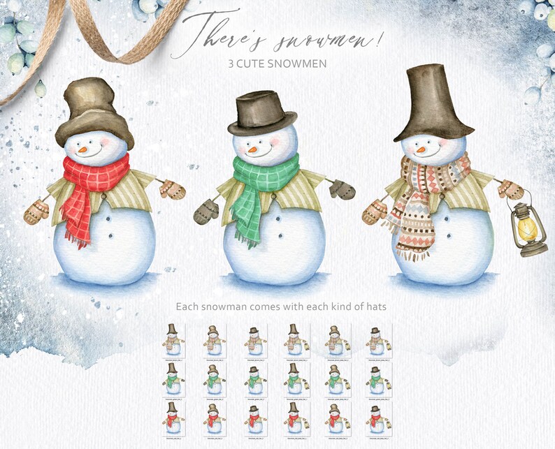 Op de afbeelding: Drie aquarel illustraties van sneeuwpoppen met verschillende hoeden en sjaals. Elke sneeuwpop heeft een andere hoed en sjaal, en elke hoed en sjaal is verkrijgbaar in drie verschillende kleuren. De tekst "There's snowmen! 3 CUTE SNOWMEN" staat bovenaan de afbeelding. De tekst "Each snowman comes with each kind of hats" staat onderaan de afbeelding.