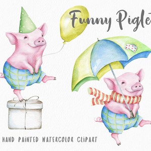 Lechón Clipart Acuarela Cerdo Clipart Little Pig ilustración Funny Pig Piggy Clipart Baby Animal Pet Portrait Digital PNG Uso comercial