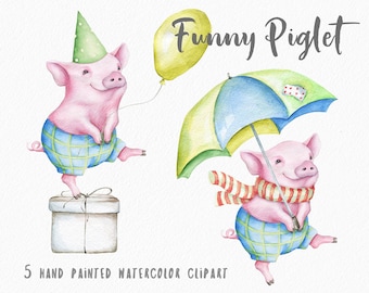 Piglet Clipart Watercolor Pig Clipart Little Pig illustration Funny Pig Piggy Clipart Baby Animal Pet Portrait Digital PNG Commercial Use