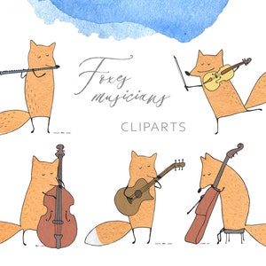 Fox clipart. Animal Clipart. Watercolor Animals. Fox Musician. Music Instruments Clip art. Guitar Violin Flute Contrabass PNG Digital