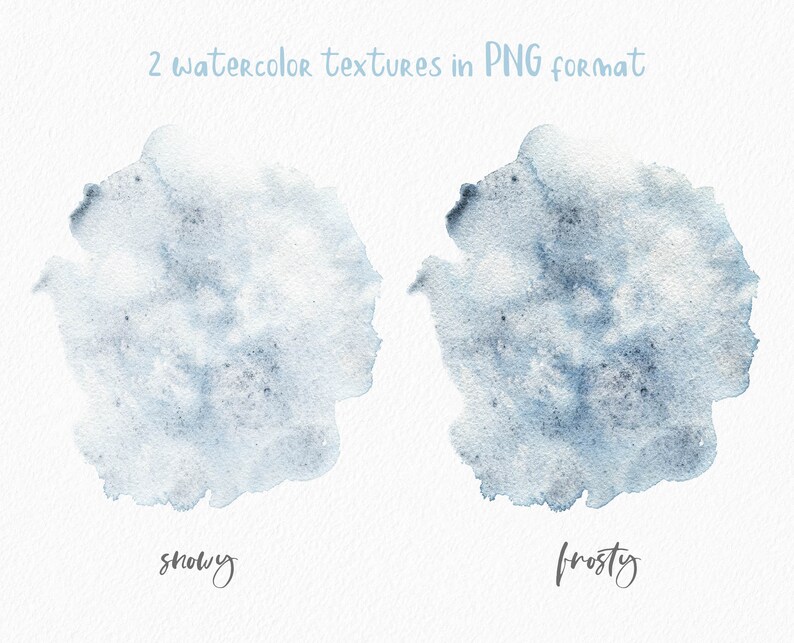 May include: Two watercolor textures in PNG format. The first texture is a light blue, gray, and white watercolor wash with a slightly darker center. It is labeled "showy". The second texture is a similar light blue, gray, and white watercolor wash with a slightly darker center. It is labeled "frosty".