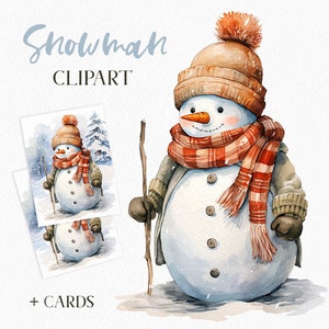 水彩雪だるまのクリップアート。クリスマスのクリップアート。クリスマスの冬のイラスト。休日のクリップアート。デジタルクリスマスカード。商用利用可。PNG、Jpeg
