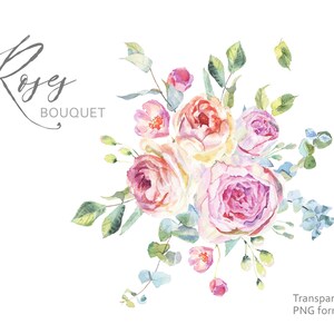 Boho Roses Clipart Watercolor Rose Bohemian Flower Floral Bouquet Pink Roses Eucalyptus Branches Wedding Arrangement Digital Flowers Clipart
