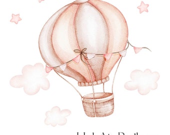 Clipart de globo de aire caliente de acuarela. Es una chica. Es un niño. Decoración de pared de guardería, decoración de pared de bebé. Descarga digital PNG