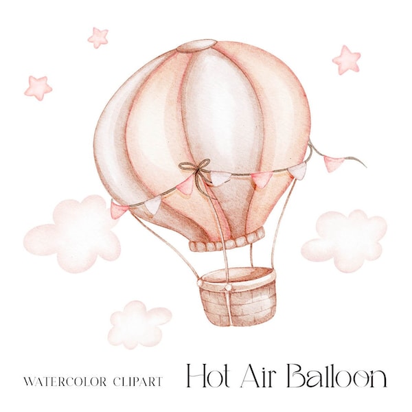 Watercolor Hot Air Balloon clipart. It's a girl. It's a boy. Nursery wall decor, baby wall decor. Digital download PNG