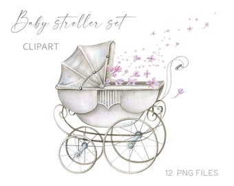 Baby Stroller Clipart Watercolor Baby Prams Old-fashioned Baby Carriage Vintage Toddler Stroller Nursery Decor Newborn Clip art Commercial