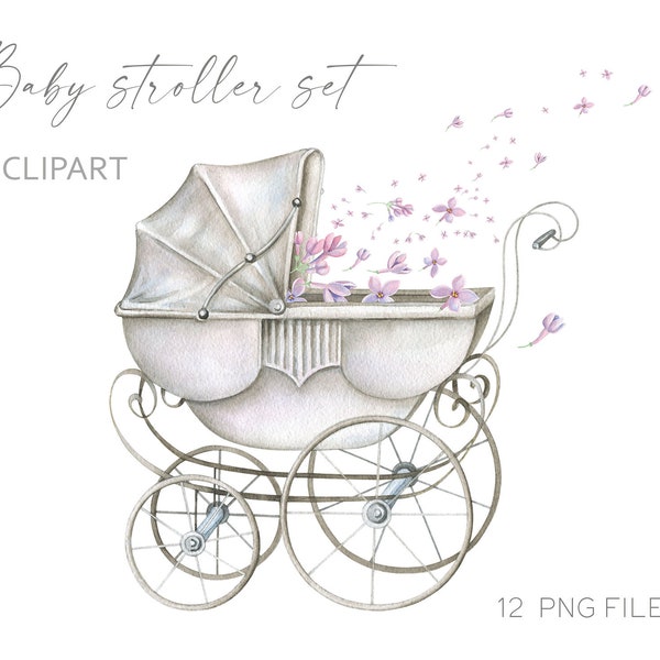 Baby Stroller Clipart Watercolor Baby Prams Old-fashioned Baby Carriage Vintage Toddler Stroller Nursery Decor Newborn Clip art Commercial