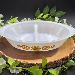 Vintage Glasbake Divided Casserole Dish – Mid-Century Milk Glass Bakeware – Floral Pattern – Retro Oven-to-Table Kitchenware