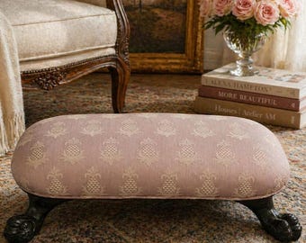 Vintage Pale Pink Claw Foot Footstool – Brass Tone Metal Legs – Upholstered Foot Rest – Hollywood Regency Decor – Small Vanity Footrest