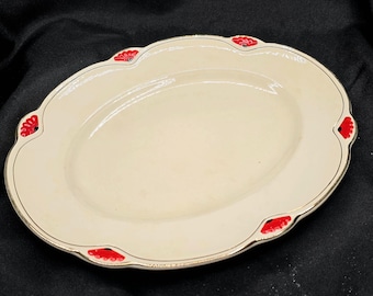 Vintage Homer Laughlin Marigold Oval Servierplatte - Roter Fächer - Art Deco ausgebogter Servierteller - Cottage Bauernhaus Dekor - 11,5 ”