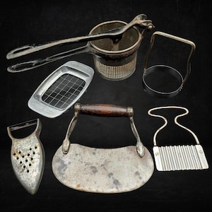 Vintage Farmhouse Kitchen Tools Set – Potato Ricer, French Fry Cutter, Herb Chopper, Crinkle Cutter, Peeler Grater, Biscuit Cutter