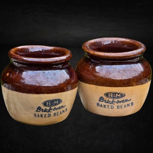 Vintage B&M Brick-Oven Baked Beans Mini Crocks Pair - Burnham Morrill Portland Maine Stoneware Advertising Bean Pots
