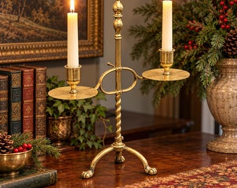 Vintage verstelbare messing bibliotheekkandelaar – Kandelaar met dubbele arm – Gedraaide steel – Driepoot met klauwvoet – Koloniale decoratie