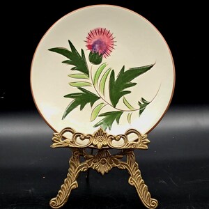 Può includere: Un piatto decorativo con un motivo di cardo dipinto a mano. Il piatto presenta uno sfondo color crema e un bordo marrone. Il cardo è raffigurato con un fiore rosa e foglie verdi. Il piatto è esposto su un supporto in metallo dorato.