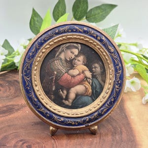 Vintage 5&quot; Madonna & Child Mini – Gilt Over Wood Ornate Blue Frame w/ Easel Back – Catholic Christian Religious Art – Early-Mid 20th Century
