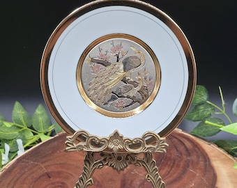 Vintage Art of Chokin Peacock Plate – 6" Japanese Decorative Dish with Gold Trim, Mid Century Home Decor