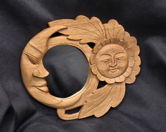 Vintage Celestial Wood Wall Mirror – Carved Sun Moon Mirror – Boho Wall Decor – Witchy New Age Decor – Small Hanging Mirror