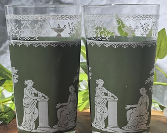 Set of 2 Vintage Jeannette Wedgwood Green Jasperware Hellenic Pattern Juice Glasses – Neoclassical Greek Design – Rare Collectible Barware