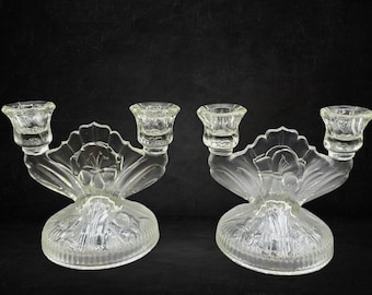Vintage Jeannette Glass Iris and Herringbone Double Candlestick Holders | Depression Glass Pair | Elegant Table Decor or Wedding Gift