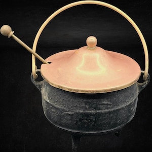 Antique Cast Iron Smudge Pot Fire Starter w Brass Lid & Pumice Wand | Primitive Hearth Decor Cauldron | Apothecary Gothic Cottagecore
