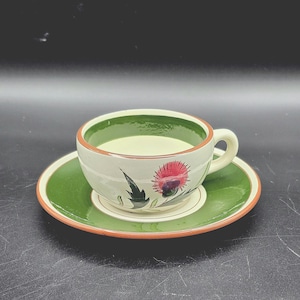 Vintage Stangl Pottery Pink Thistle Teacup and Saucer ~ Hand Painted Mid Century Stoneware Dinnerware
