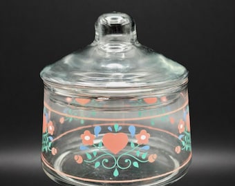 Vintage Glass Apothecary Jar with Lid | Floral Heart Design | Barrington Style Cottagecore | Candy Dish or Vanity Jar