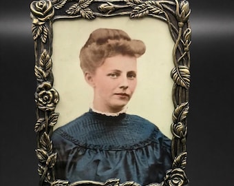 Vintage Ornate Brass Tone 5x7 Picture Frame | Weston Gallery Rose Metal Frame | Cottagecore Decor | Victorian Style Photo Frame w/ Portrait