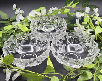 Vintage Mikasa Carmen Crystal Bowl Set (3) | Clear Pressed Glass Floral Relief & Frosted Leaves | 5.5” Decorative Bowls | Mid-Century Style