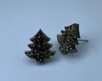 Christmas Tree Earrings, Acrylic Studs, Festive Jewelry, Glitter Christmas Earrings, Holiday Earrings, Holiday Statement Earrings