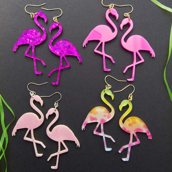Summer Flamingo Acrylic Earrings, Pink Glitter, Animal print, Miami Mirror, Your Choice of Flamingo Earrings, Summer Jewelry, Vacation