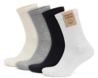 Organic Cotton Crew Socks for Men & Women, 4 Pairs Cushioned Athletic Sport Socks, Seamless Breathable Soft, GoWith, 3504