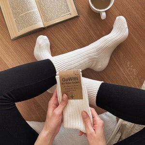 Soft, organic and breathable cotton socks for everyday occasions. These natural crew socks are made from 100% cotton and they make your feet comfortable. The color of these unisex bio crew socks is like cream, actually it is off-white. Free shipping!