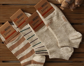 Men's Linen Cotton Ankle Socks | Striped Low Cut Socks, 4 Pairs | GoWith 3149