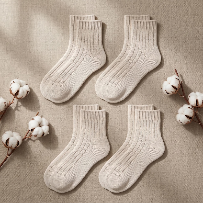 K&ouml;nnte beinhalten: Vier Paar cremefarbene gerippte Socken sind auf einer neutral get&ouml;nten Oberfl&auml;che angeordnet. Die Socken sind gefaltet und paarweise ausgestellt. Baumwollzweige mit wei&szlig;en Bl&uuml;ten sind um die Socken herum platziert und f&uuml;gen der Komposition ein nat&uuml;rliches Element hinzu.