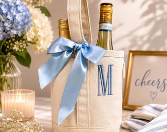 Personalized Embroidered Wine Tote Bag, Custom Name Wine Carrier, Bridesmaid Wine Bag, Monogrammed Canvas Wine Bottle Bag, Hostess Gift