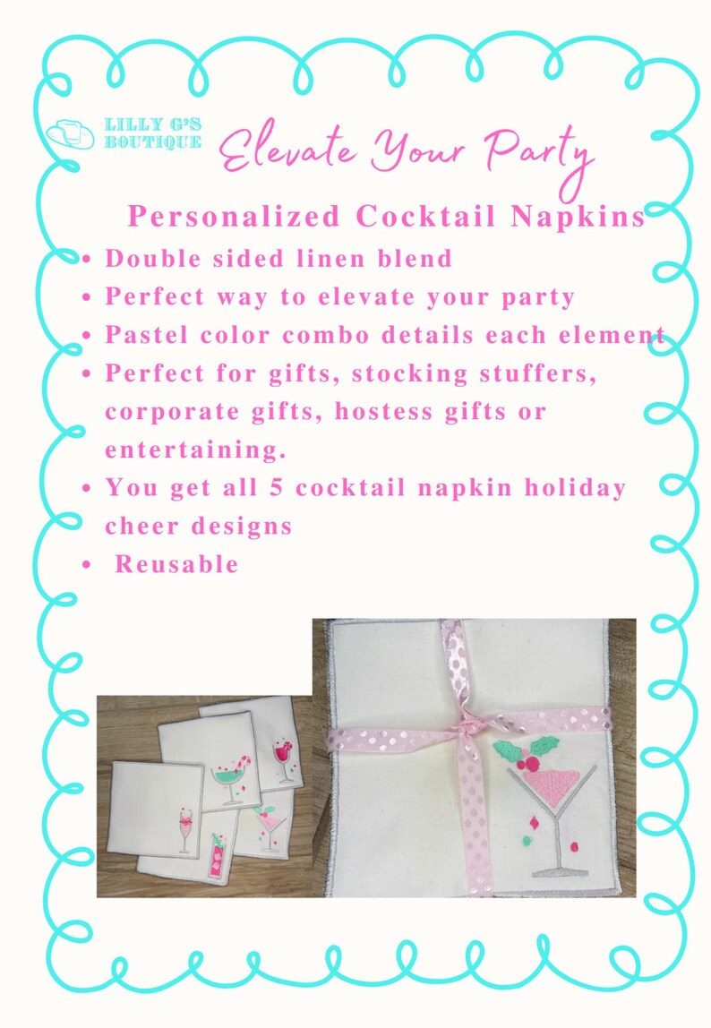 K&ouml;nnte beinhalten: Wei&szlig;e Cocktailservietten aus Leinen mit Cocktailmotiven in Pastellfarben. Die Servietten sind beidseitig bedruckt und wiederverwendbar. Der Text "Elevate Your Party" und "Personalized Cocktail Napkins" ist enthalten.