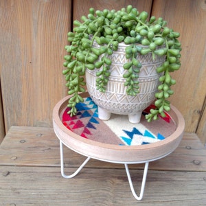 May include: A white ceramic planter with a geometric pattern sits on a wooden stand with a colorful patterned rug. The planter is filled with a green succulent plant.
