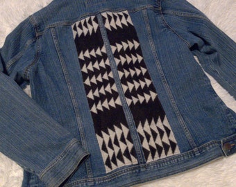 Upcycled Wool Jean Jacket | Boho | Southwest Print | Native Design | Unique & Timeless | Unisex Denim