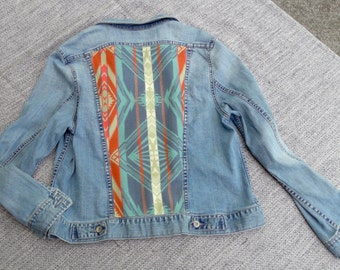 Upcycled Wool Jean Jacket | Boho | Southwest Print | Native Design | Unique & Timeless