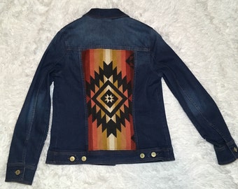 Upcycled Wool Panel Jean Jacket | Boho | Native Design | Boho | Repurposed Jacket