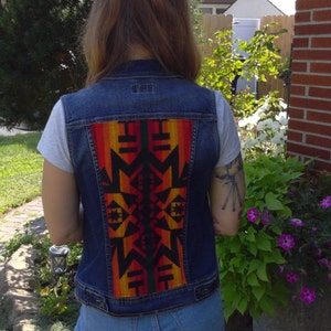 Upcycled Wool Panel Jean Jacket | Boho | Southwest Print | Native Design | Unique & Timeless