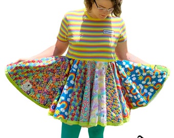 Upcycled Rainbow T-Shirt Mini Dress: Colorful Circle Skirt