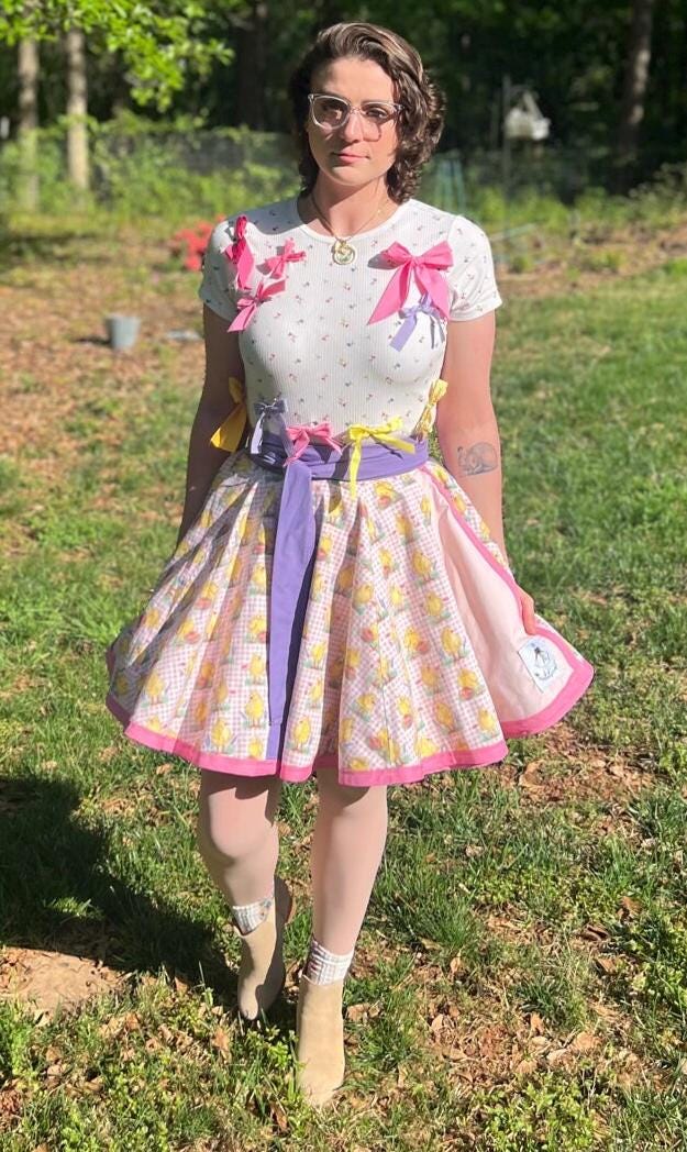 Handmade Cotton Wrap Skirt: Pink & Purple Spring Chick Print