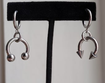 Steel Barbell Septum Huggie Hoops: Handmade Industrial Earrings, Spike and Ball Septum Charms, Punk Goth Grunge, Edgy Alt Jewelry